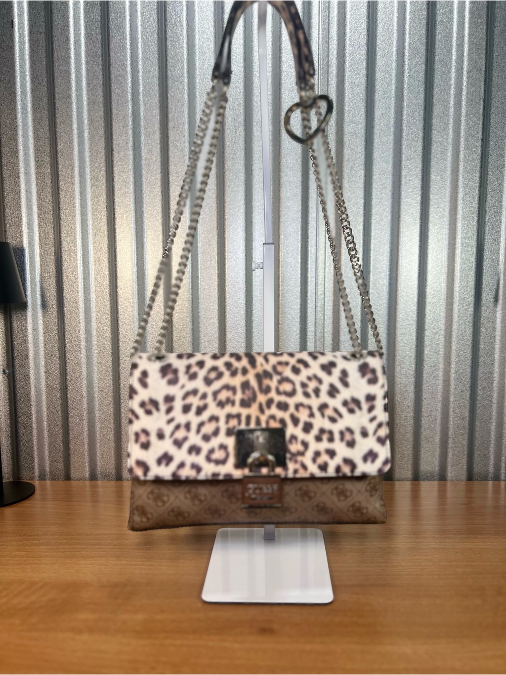 GUESS Leopard Print Logo Chain Shoulder Bag Brown Animal Print Purse